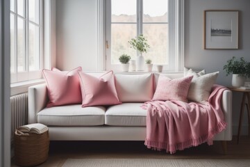 Fototapeta premium Cozy home place, pink and white pillows and blanket on sofa near window. French country, farmhouse interior design of modern living room