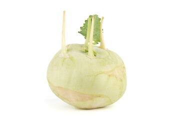 A whole head of kohlrabi cabbage on a white background.