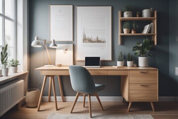  Cozy home workplace with wooden drawer writing desk and fabric chair. Interior design of modern scandinavian home office
