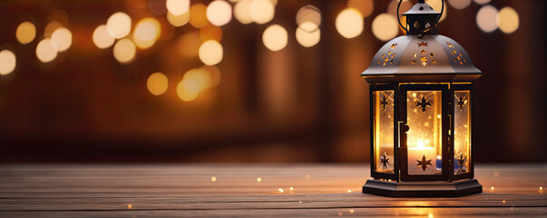 Christmas glowing lantern on the wooden table . - obrazy, fototapety, plakaty
