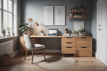  Cozy home workplace with wooden drawer writing desk and fabric chair. Interior design of modern...