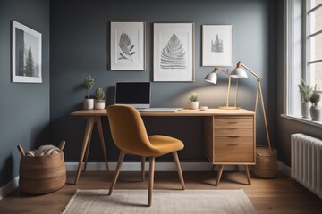  Cozy home workplace with wooden drawer writing desk and fabric chair. Interior design of modern...