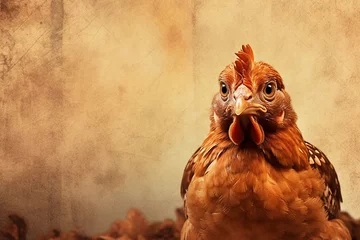 Wandaufkleber Close-up of a brown curious chicken against a textured beige background © Hype2Art