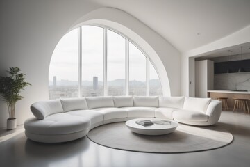 Fototapeta na wymiar Curved white sofa in room with arch. Minimalist home interior design of modern living room