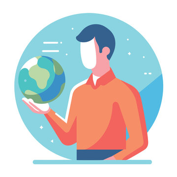 a man have a globe on his hand flat simple vector illustrations on white background