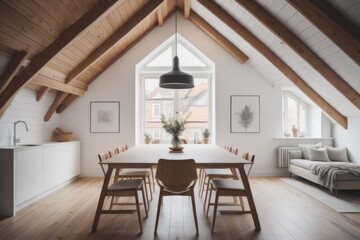 Dining table and chairs in attic with wood beams. Scandinavian interior design of modern dining room