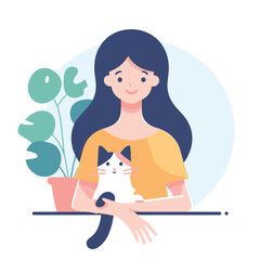 a woman admire cute cat flat simple vector illustrations on white background