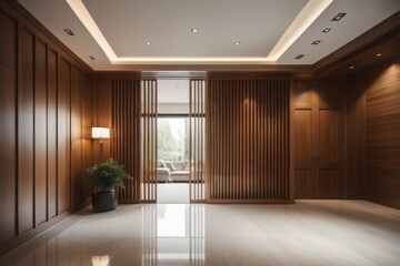 Elegant interior design of modern spacious entrance hall with door and wooden paneling walls