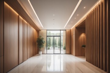 Fototapeta na wymiar Elegant interior design of modern spacious entrance hall with door and wooden paneling walls