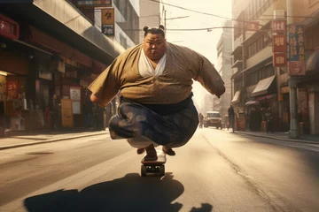 Poster Im Rahmen Portrait of sumo wrestler riding skateboard on the street. AI generative art © Drpixel