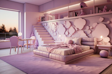 Modern bright children's room in lilac color, illuminated by evening sunlight from the window