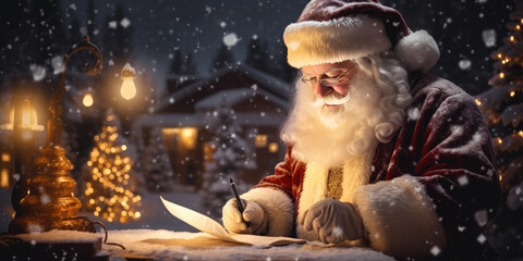 Santa Claus writes a letter against a beautiful snowy Christmas background. Beautiful magical Christmas atmosphere. Happy New Year and Merry Christmas