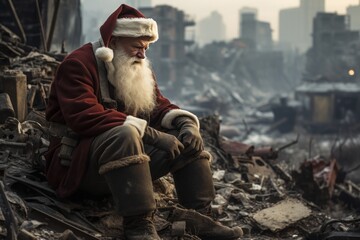 Santa Claus is sitting on the ruins of city buildings, his clothes are worn out, he is upset. Concept: Christmas during the war - obrazy, fototapety, plakaty