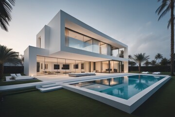 Fototapeta premium Exterior of modern minimalist cubic villa with swimming pool at sunset