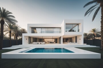 Fototapeta na wymiar Exterior of modern minimalist cubic villa with swimming pool at sunset