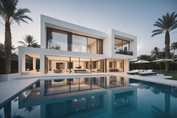 Fototapeta premium Exterior of modern minimalist cubic villa with swimming pool at sunset