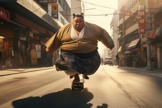 Portrait of sumo wrestler riding skateboard on the street. AI generative art