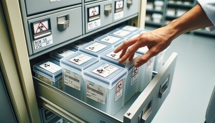 A close-up horizontal image of a worker's hand placing plastic storage boxes labeled with biomaterial information into a metal filing cabinet drawer