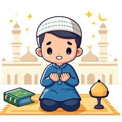 a muslim boy doing worship in Islam ramdan clipart vector illustration