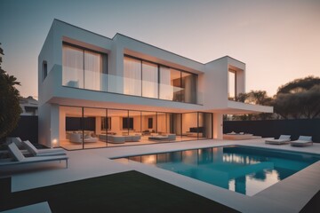 Fototapeta premium Exterior of modern minimalist cubic villa with swimming pool at sunset