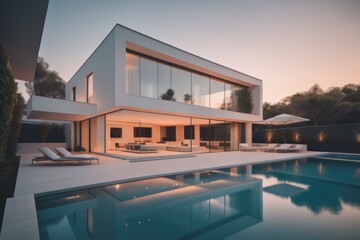 Fototapeta premium Exterior of modern minimalist cubic villa with swimming pool at sunset