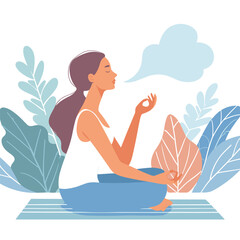 Woman doing inhale breath exercise for calm stress relief flat simple vector illustrations on white background - obrazy, fototapety, plakaty