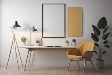 Home workplace, wooden chair and desk near white wall with blank mockup poster frame. Interior design of modern living room