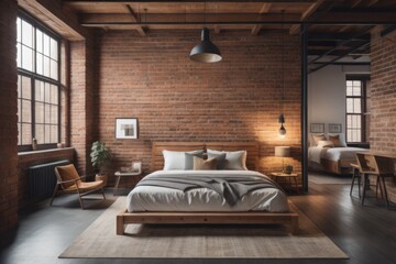Industrial loft interior design of modern bedroom. Wooden bed near brick wall