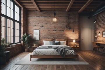 Industrial loft interior design of modern bedroom. Wooden bed near brick wall - obrazy, fototapety, plakaty