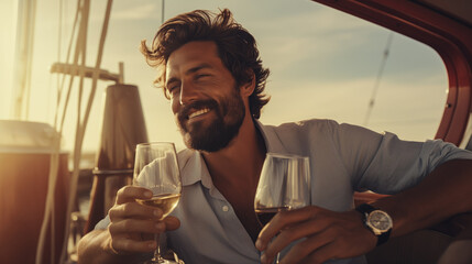 rich, handsome middle-aged man with a glass of wine against the background of the beach. Rest . Beautiful footage.