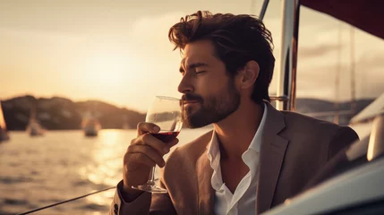 Foto op Plexiglas rich, handsome middle-aged man with a glass of wine against the background of the beach. Rest . Beautiful footage. © Boris