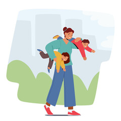 Weary Mother, Burdened But Determined, Carries Her Children Through The City Streets, Fatigue Etched Across Her Face