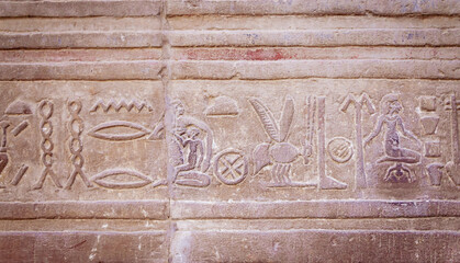 Ancient Egyptian Hieroglyph showing childbirth and motherhood. It is read from right to left..Egypt. Horizontally. 