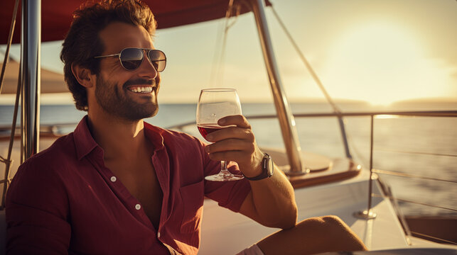 rich, handsome middle-aged man with a glass of wine against the background of the beach. Rest . Beautiful footage.