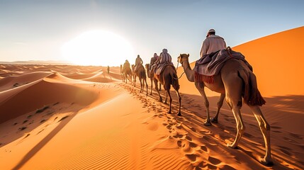 Caravan with group of tourists riding camels through Dubai desert during safari adventure