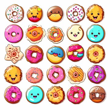 Cartoon colorful tasty donut set isolated on white background. Glazed doughnuts top view collection for cafe decoration or menu design. Vector flat illustration