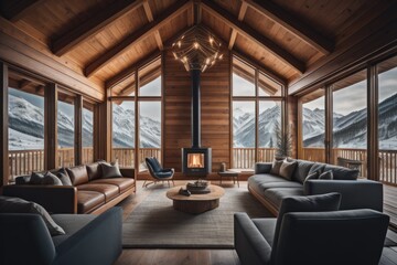 Fototapeta na wymiar Luxury wooden chalet with fireplace. Interior design of modern living room with mountain view