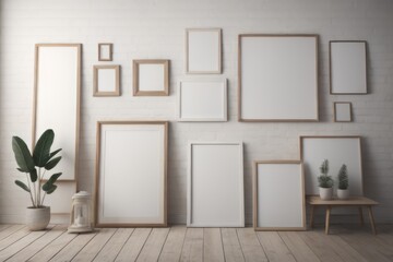 Many different wooden frames with blank canvas leaning against wall and vase with pampas grass