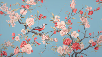 patrón inspirado en chinoiserie con tonos rosados ​​y fondo azul claro