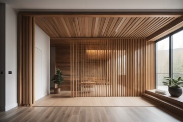 Minimalist interior design of modern rustic entrance hall with with abstract wooden room divider