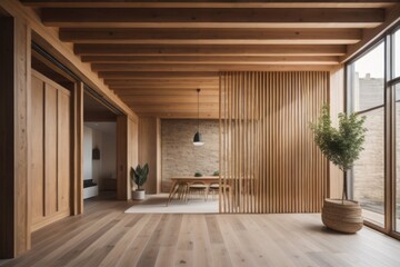 Minimalist interior design of modern rustic entrance hall with with abstract wooden room divider