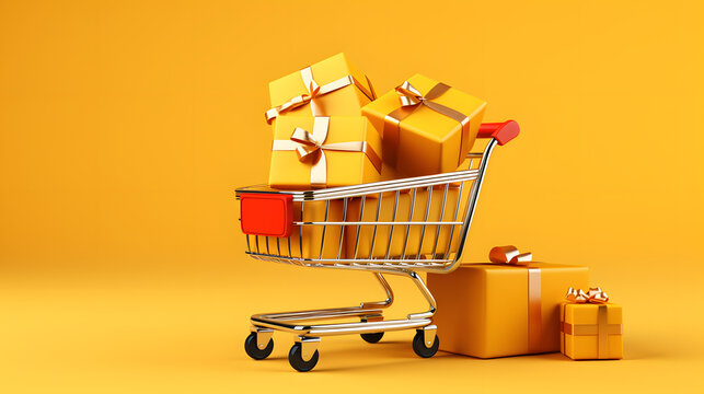 Small Shopping Cart Full Of Gifts On Yellow Background. Online Shopping, Sale, Discount Concept