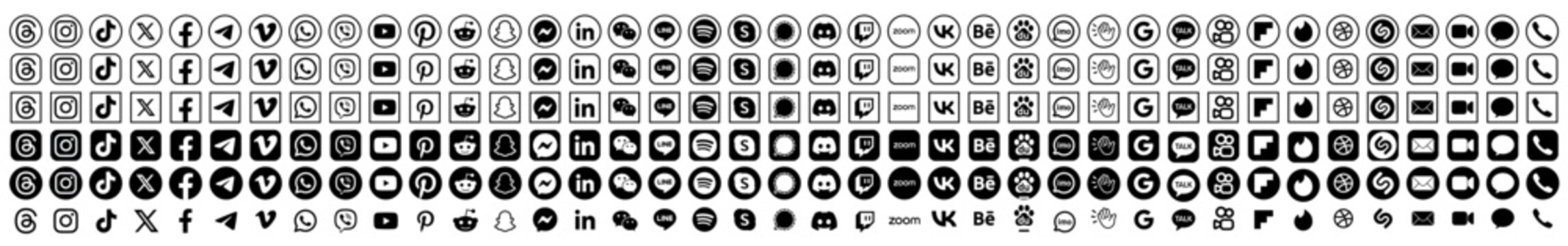 Threads, Instagram, TikTok, X, Facebook, Whatsapp, Twitter,  YouTube, Telegram, Viber, Snapchat, Pinterest, Reddit, WeChat, Dribbble black and white icons