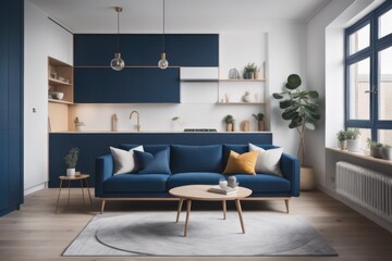 Fototapeta premium Navy blue sofa in studio apartment. Scandinavian home interior design of modern living room and kitchen