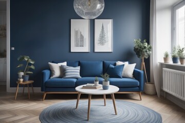 Navy blue sofa in studio apartment. Scandinavian home interior design of modern living room and kitchen - obrazy, fototapety, plakaty