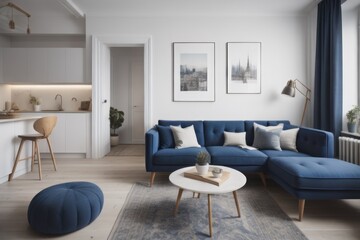 Fototapeta na wymiar Navy blue sofa in studio apartment. Scandinavian home interior design of modern living room and kitchen