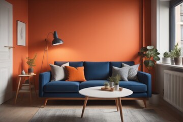 Navy blue sofa in studio apartment. Scandinavian home interior design of modern living room and kitchen