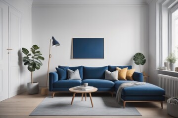 Navy blue sofa in studio apartment. Scandinavian home interior design of modern living room and kitchen - obrazy, fototapety, plakaty