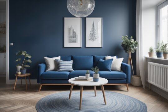 Navy blue sofa in studio apartment. Scandinavian home interior design of modern living room and kitchen