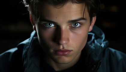 Young adult male with serious expression outdoors generated by AI